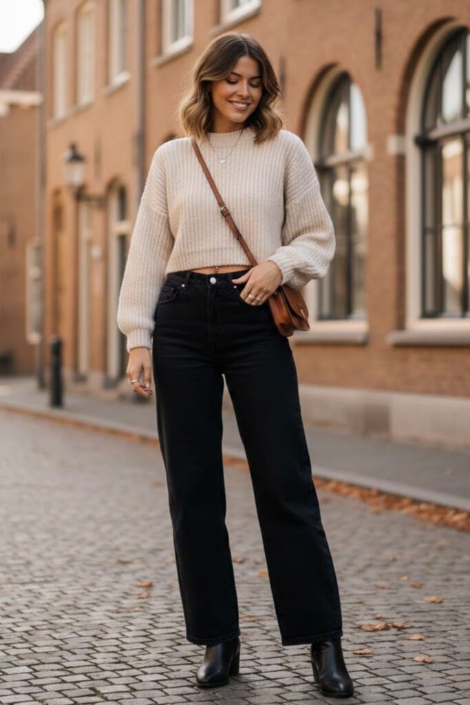 3. Black Wide Leg Jeans With Cropped Knit Sweater