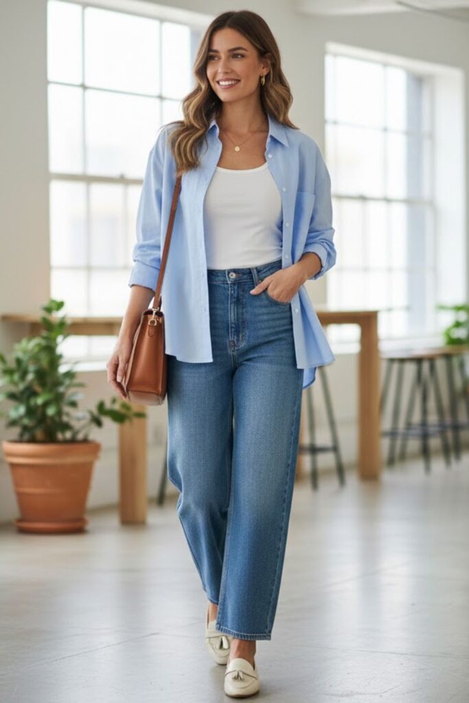 3. Blue Wide Leg Jeans With an Oversized Button-Up Shirt