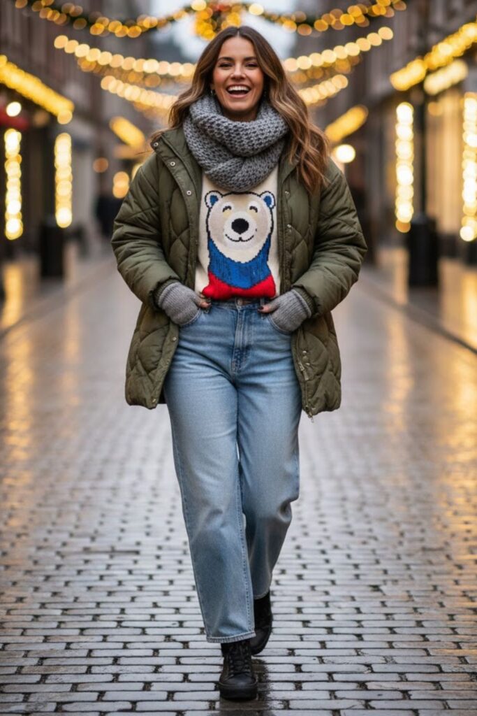 3. Puffer Jacket and Graphic Sweater