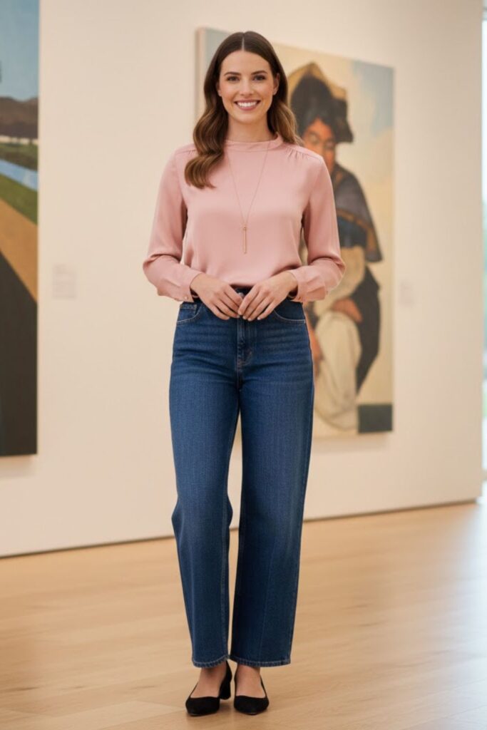 3. Wide Leg Jeans With Silk or Satin Blouse