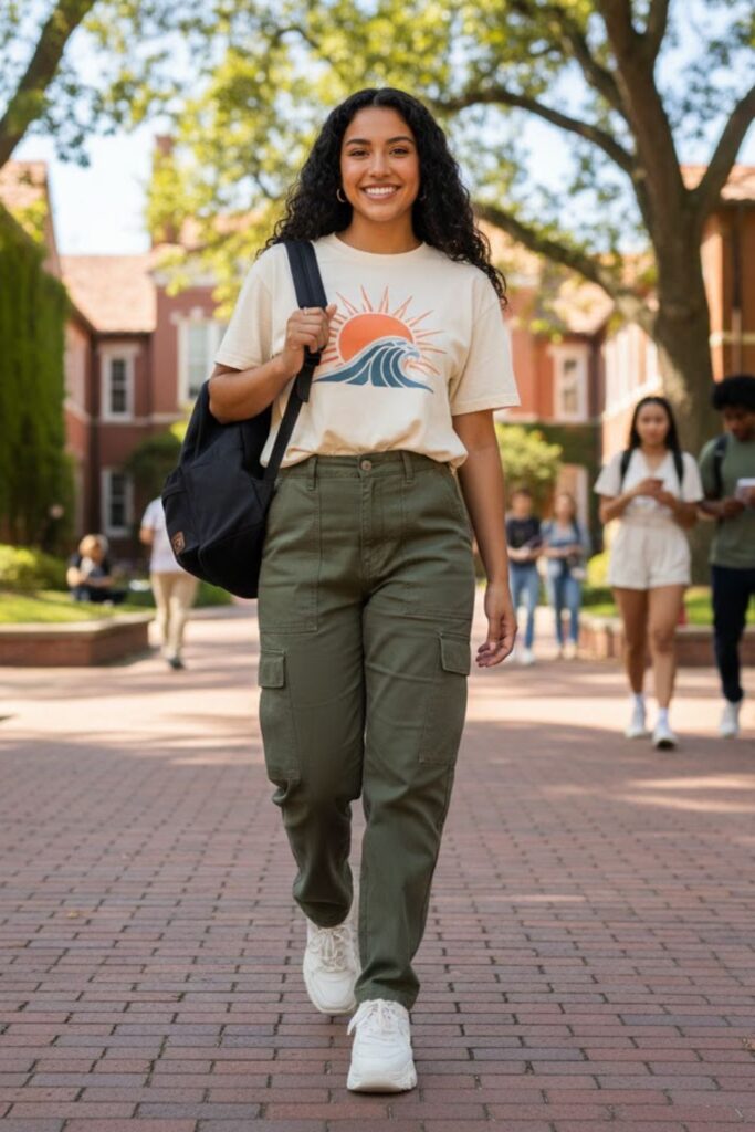 4. Graphic Tee with Cargo Pants and Sneakers