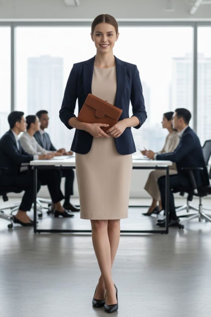 4. Neutral Dress with Structured Blazer