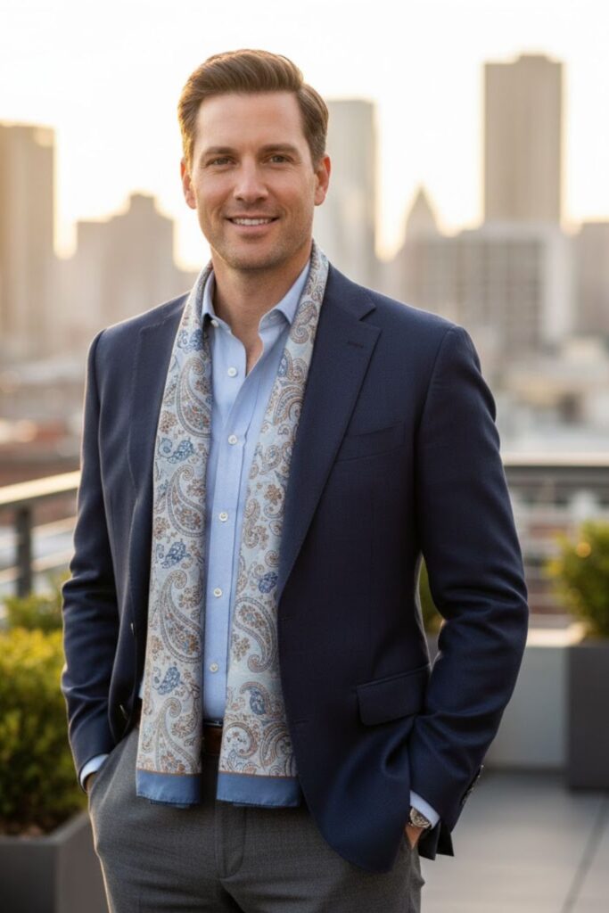 4. Tailored Blazer with Lightweight Scarf