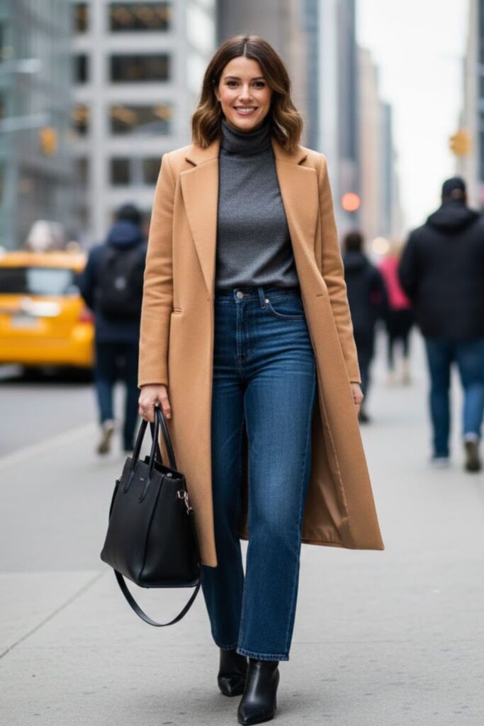 4. Wide Leg Jeans With Knit Top and Structured Coat