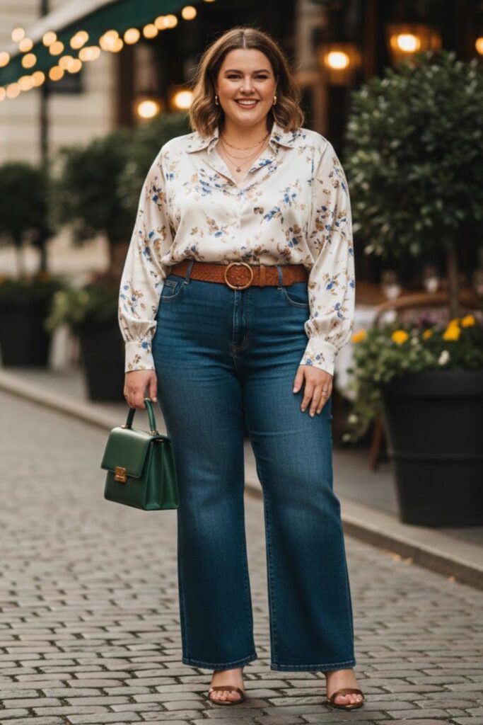 4. Wide Leg Jeans with a Blouse and Statement Belt