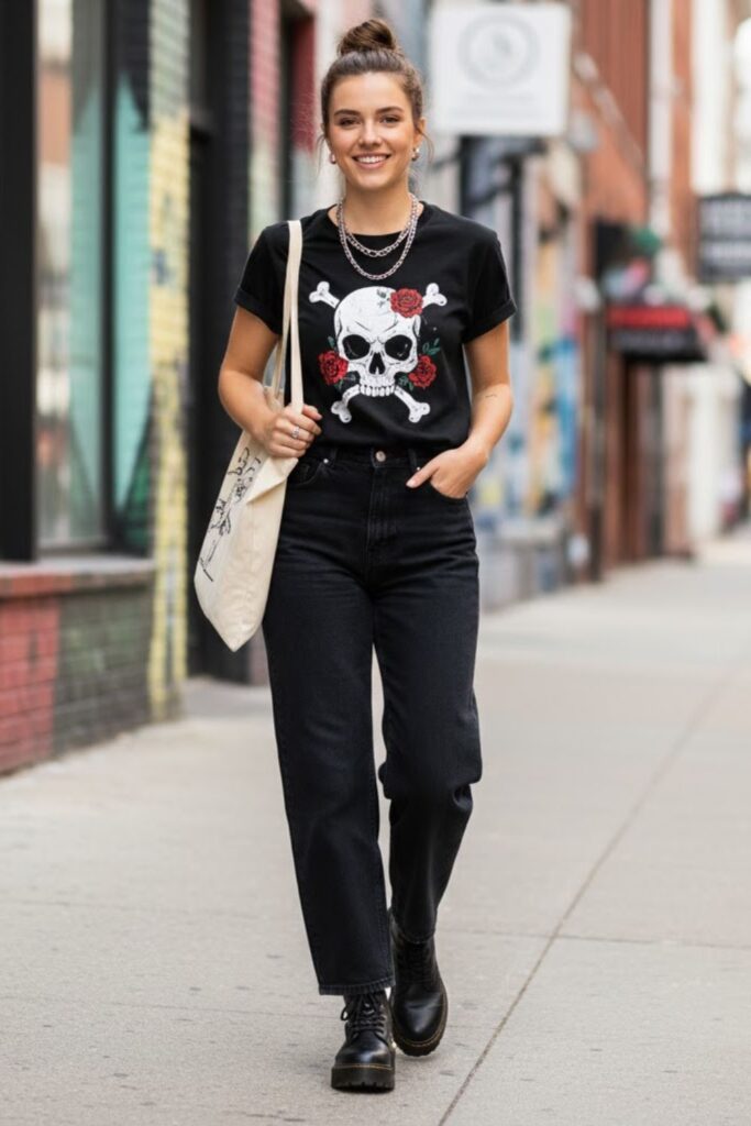5. Black Wide Leg Jeans With Graphic T-Shirt