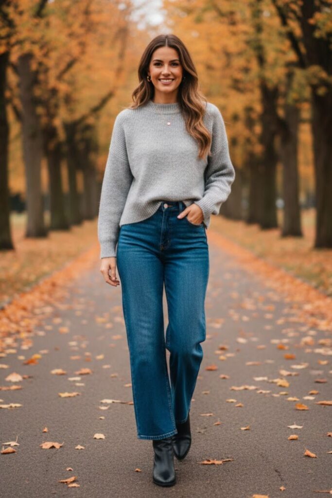 5. Blue Wide Leg Jeans With a Cozy Knit Sweater