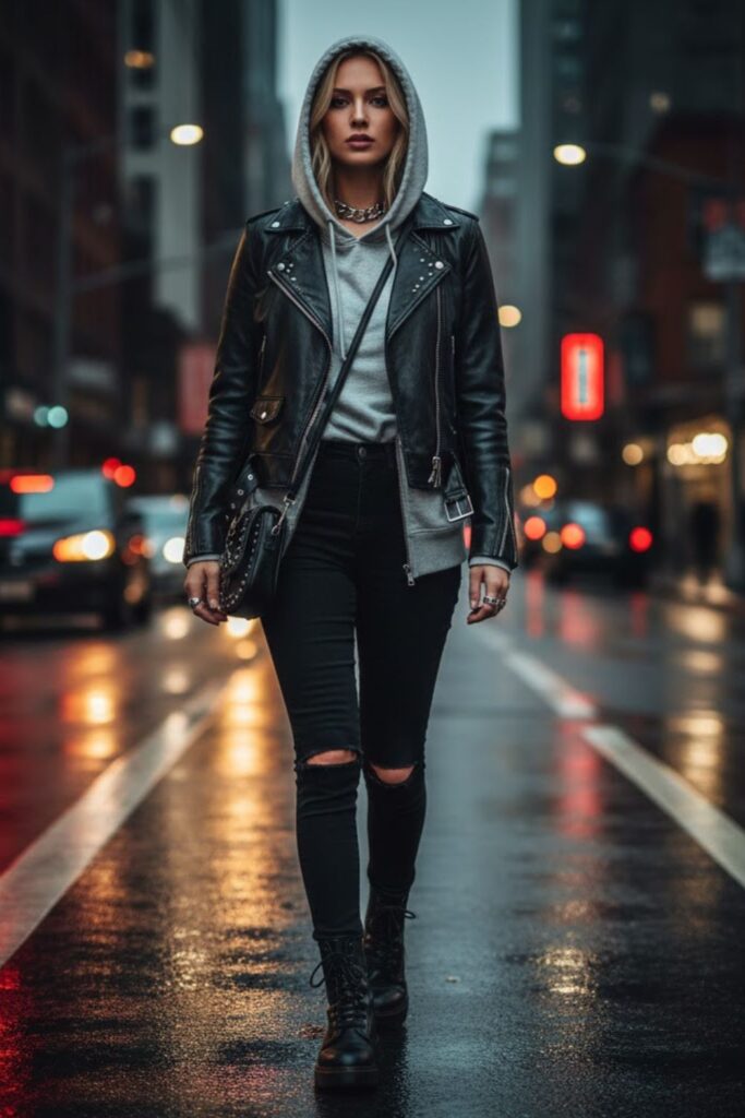 5. Hoodie and Leather Jacket
