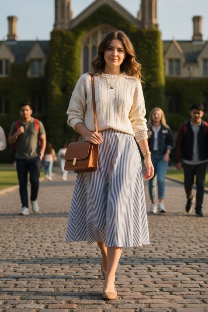 5. Knit Sweater with Midi Skirt and Flats