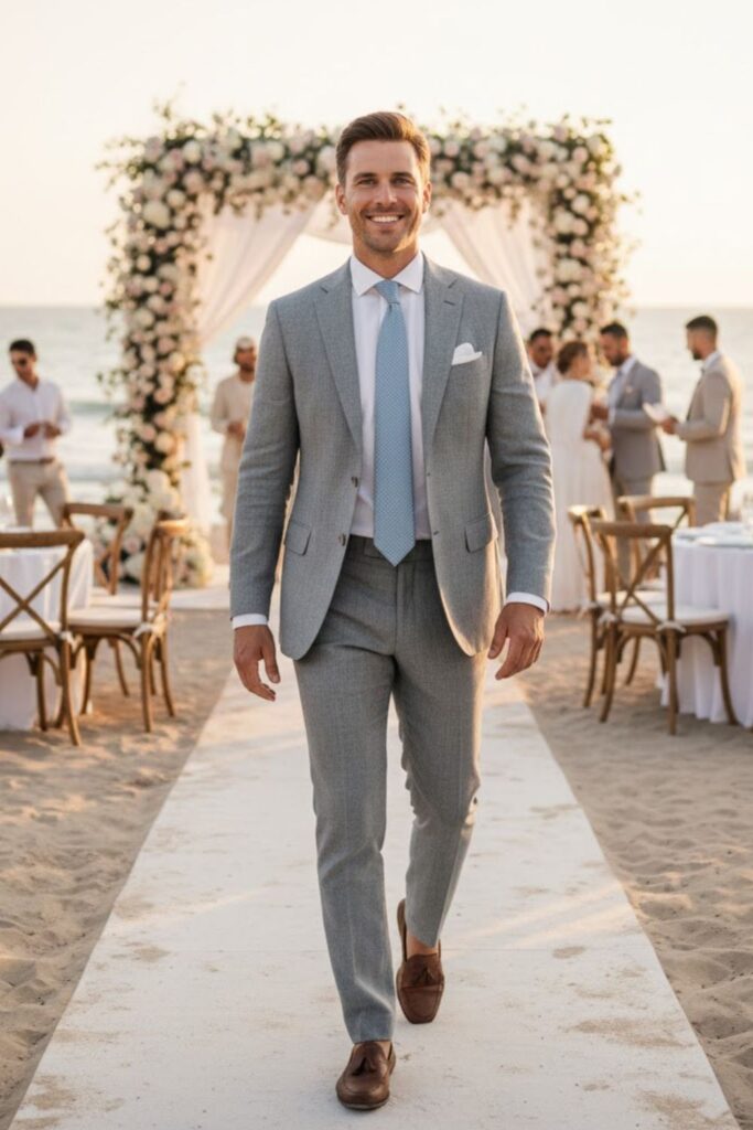 5. Light Grey Linen Suit For Summer Weddings