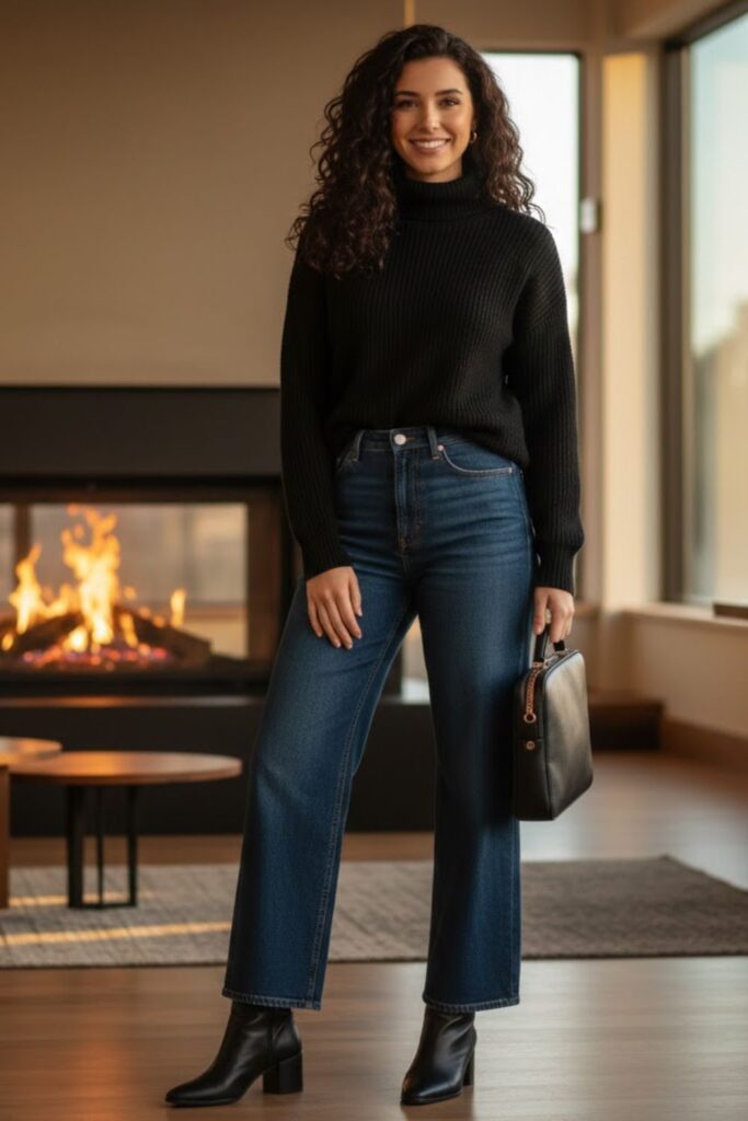 5. Wide Leg Jeans With Turtleneck Sweater