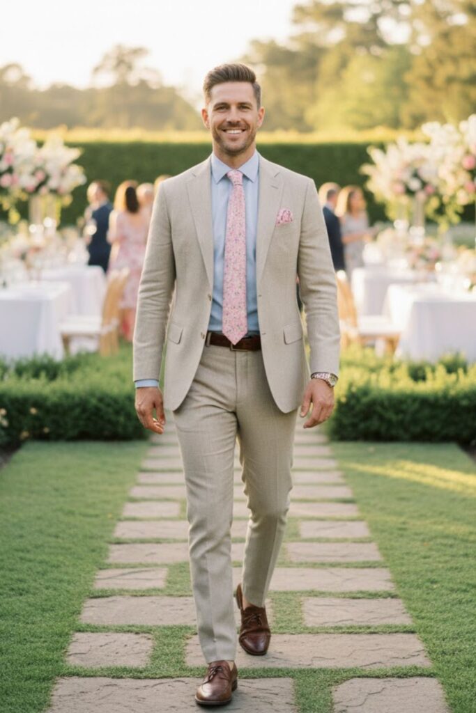 6. Beige Suit With Pastel Shirt