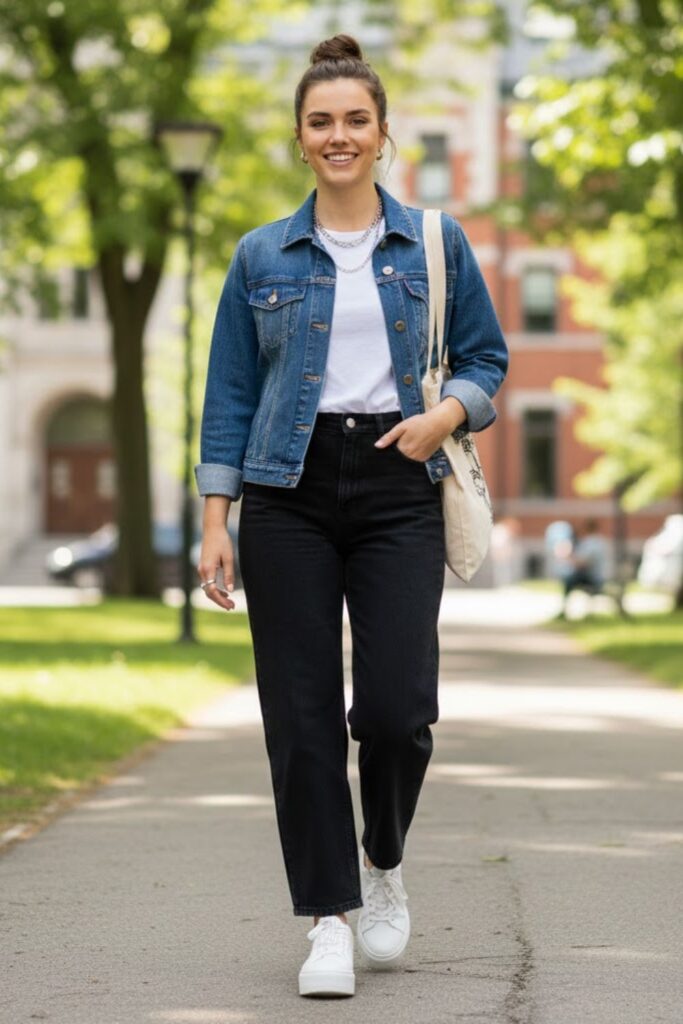 6. Black Wide Leg Jeans With Denim Jacket