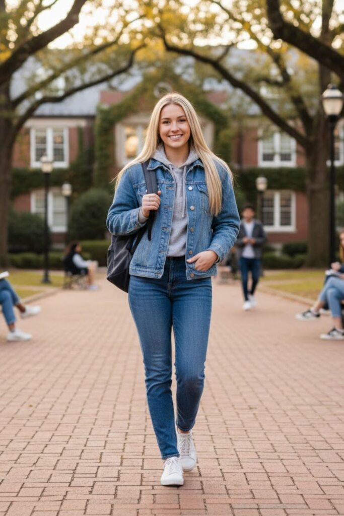 6. Denim Jacket with Hoodie and Jeans