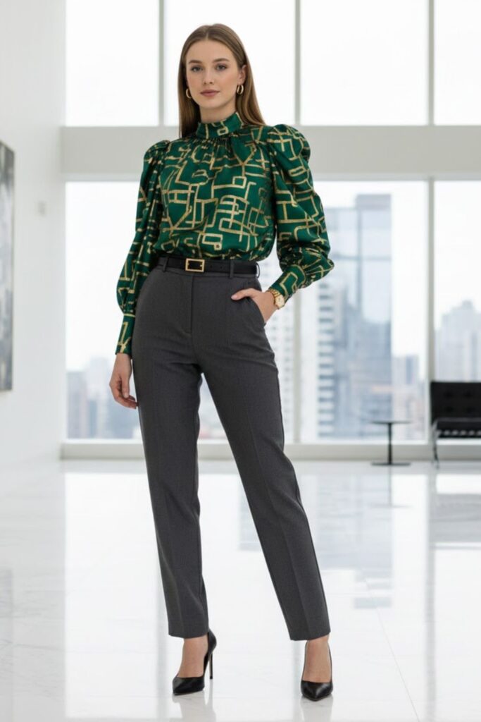 6. Statement Blouse with Tailored Pants