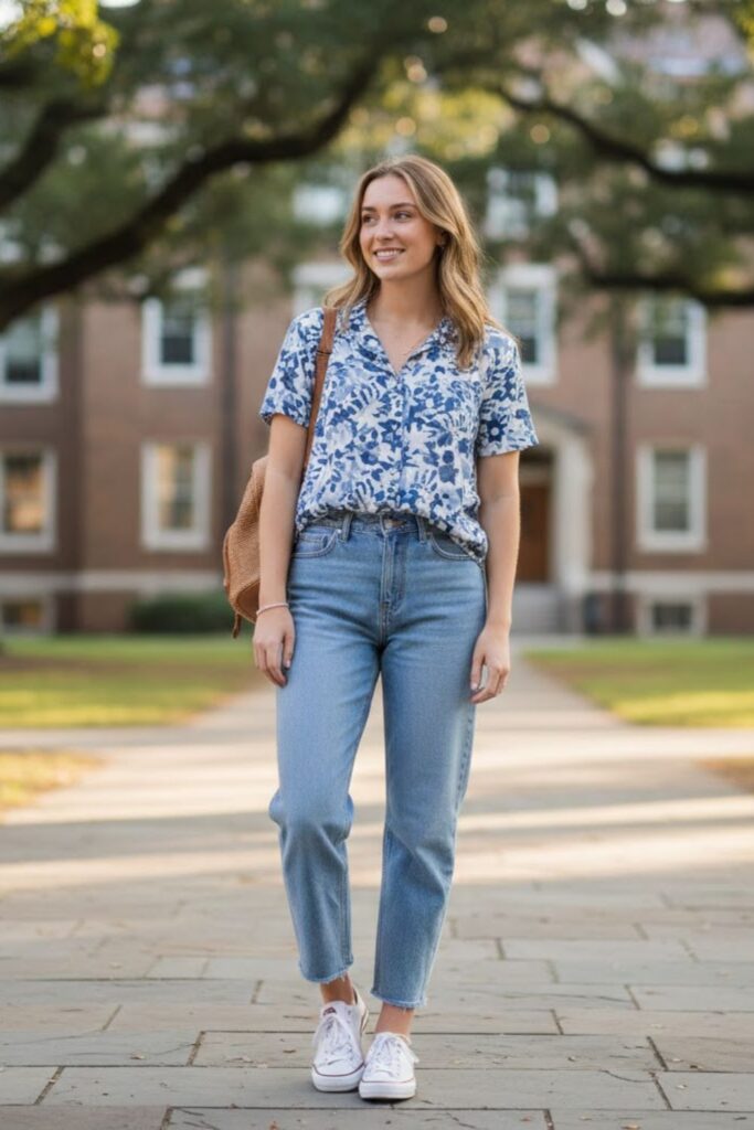 6. Summer Back to School Outfit With Short-Sleeve Button-Up and Jeans