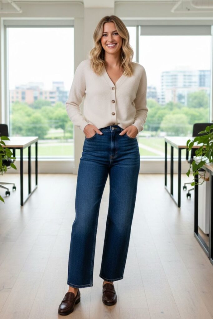 6. Wide Leg Jeans With Buttoned Cardigan