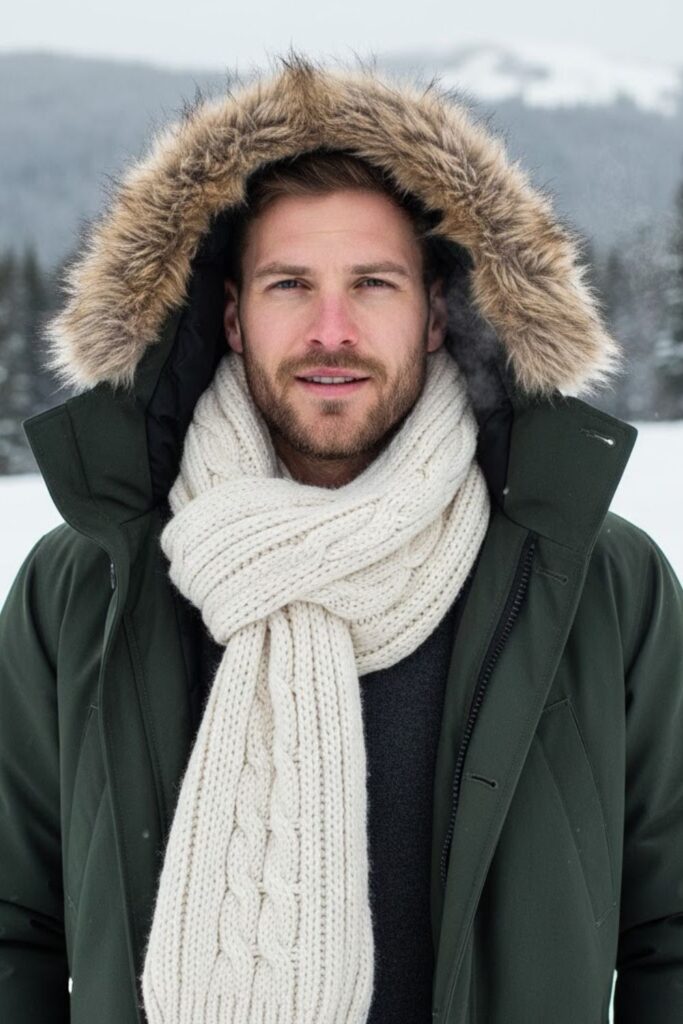 6. Winter Parka with Chunky Scarf