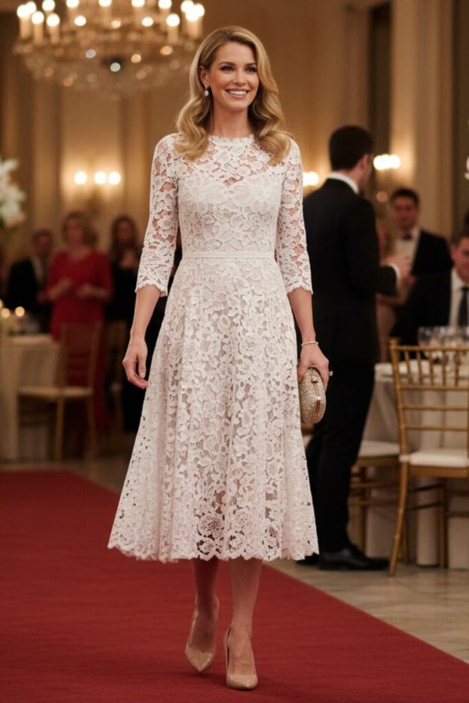 7. Lace Dress With Nude Pumps