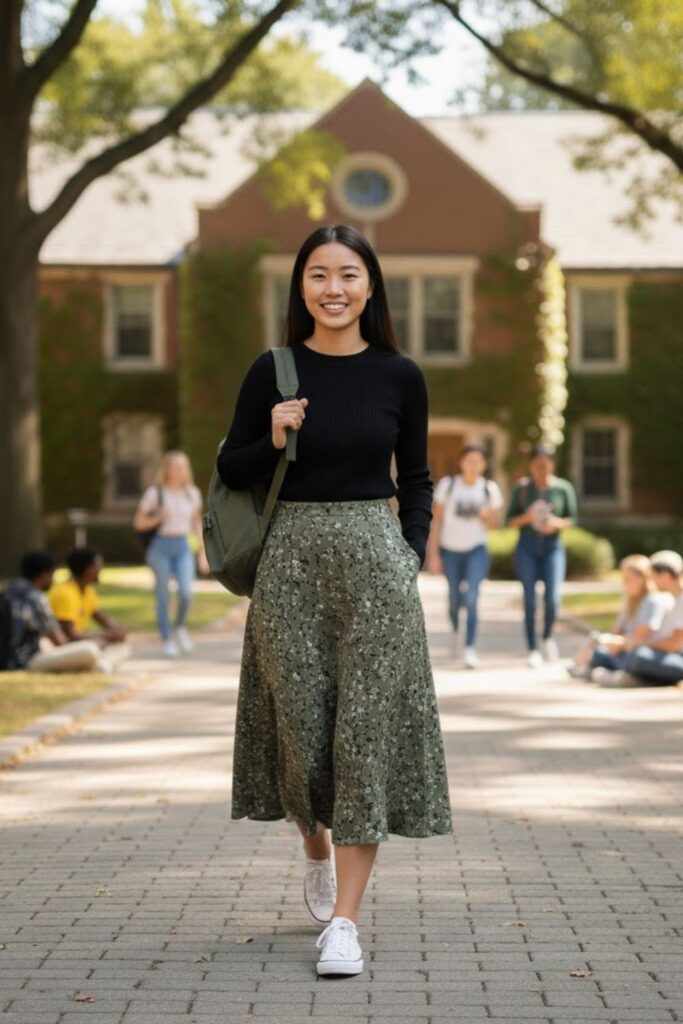 7. Long-Sleeve Top with Skirt and Sneakers