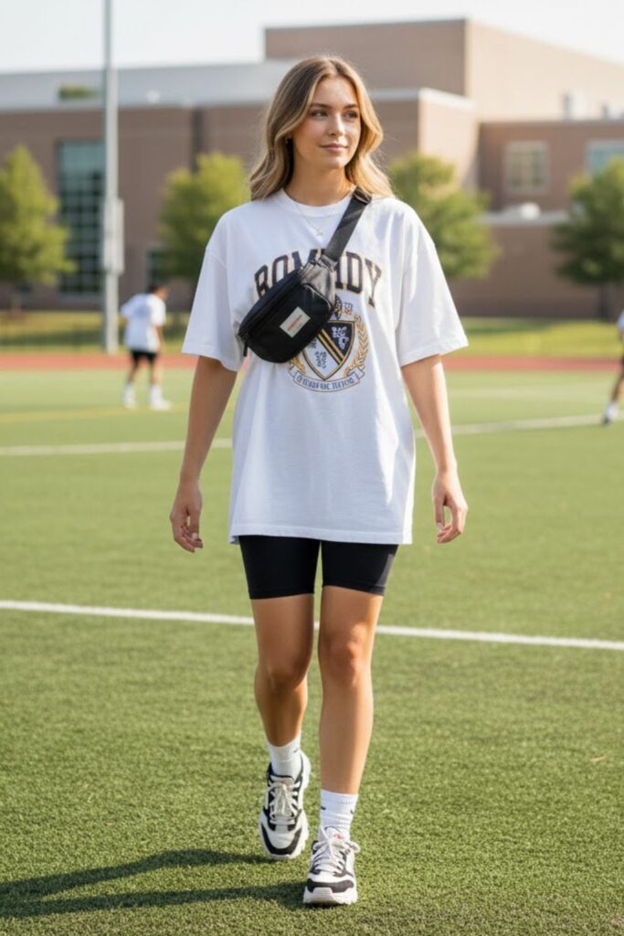 7. Summer Back to School Outfit With Oversized Tee and Bike Shorts
