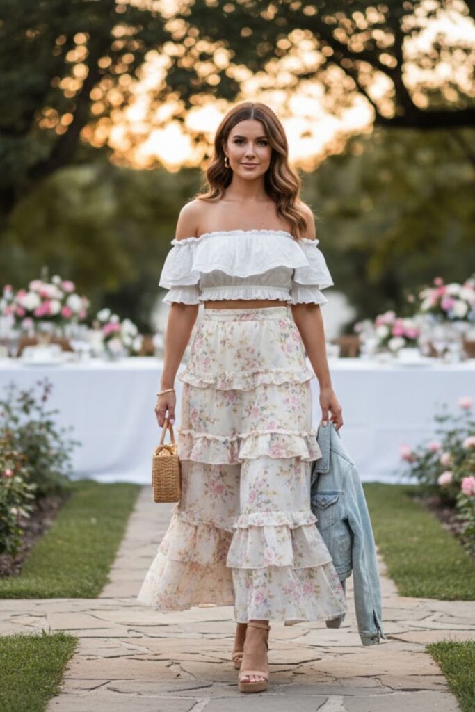 7. Tiered Maxi Skirt with Off-Shoulder Top