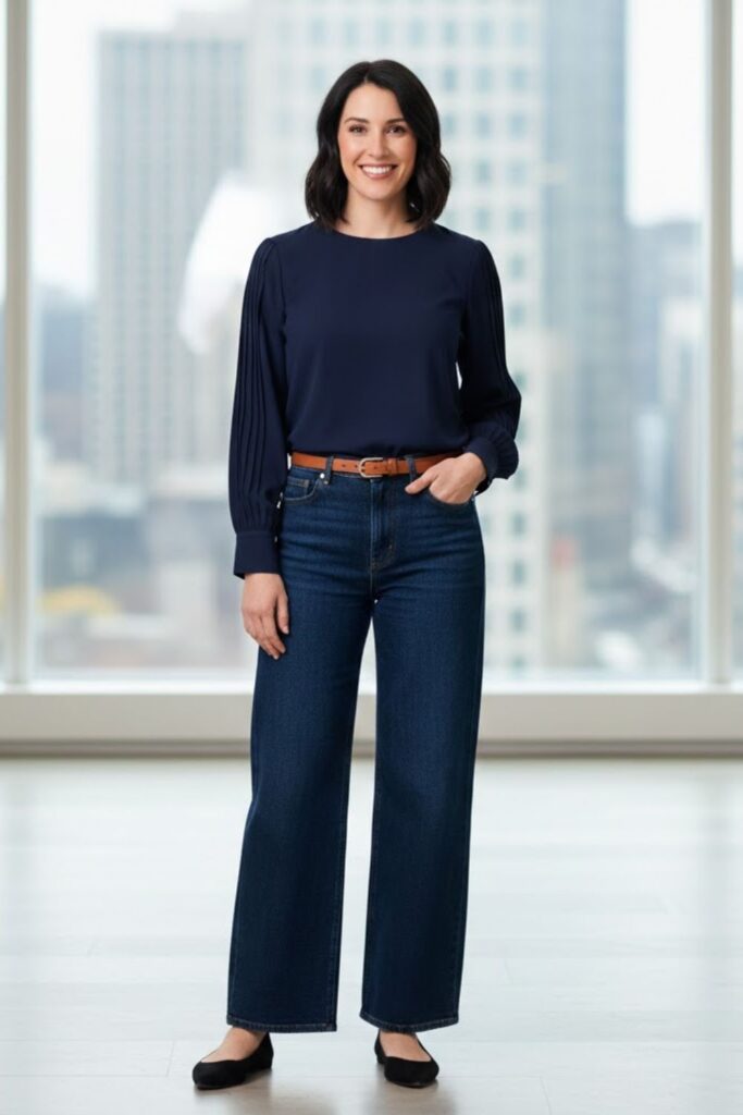 7. Wide Leg Jeans With Fitted Blouse and Belt