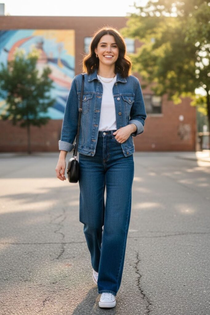 8. Blue Wide Leg Jeans With a Denim Jacket