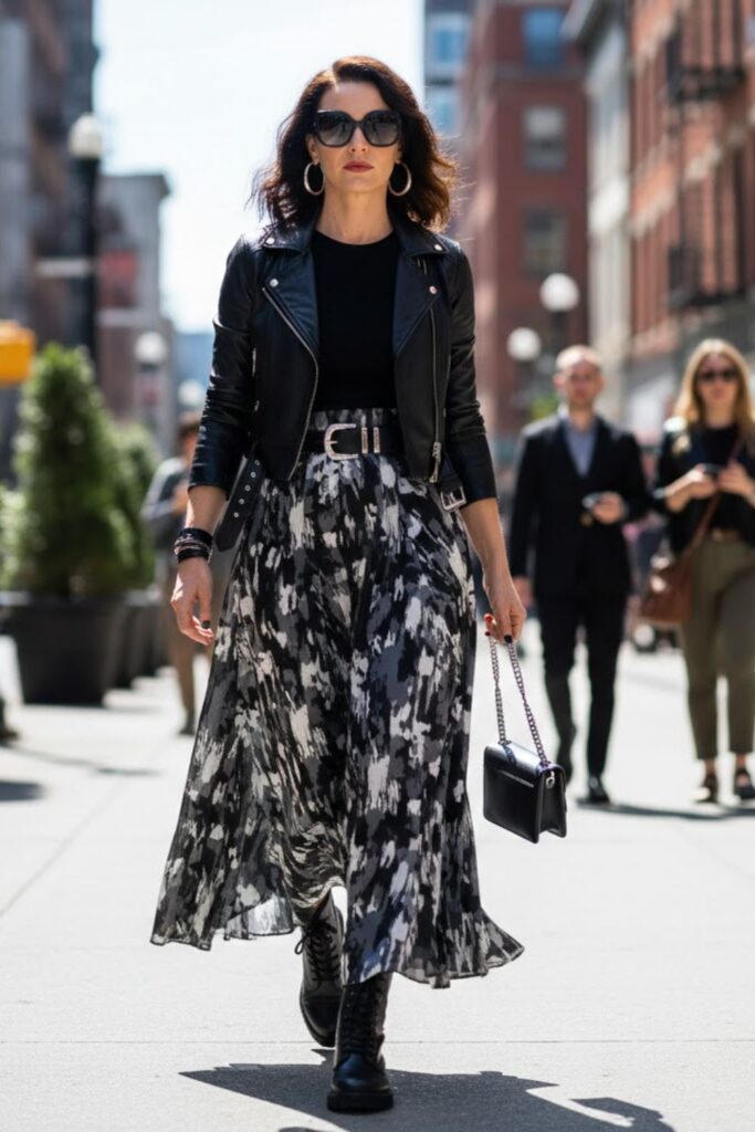 8. Maxi Skirt with a Leather Jacket