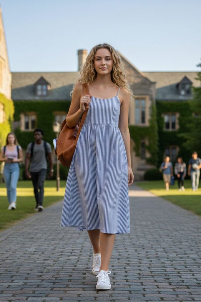 8. Simple Dress with Sneakers and Backpack