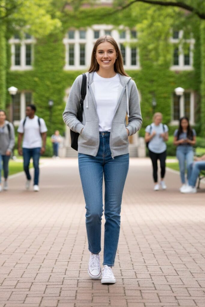 8. Zip-Up Hoodie with Jeans and Backpack