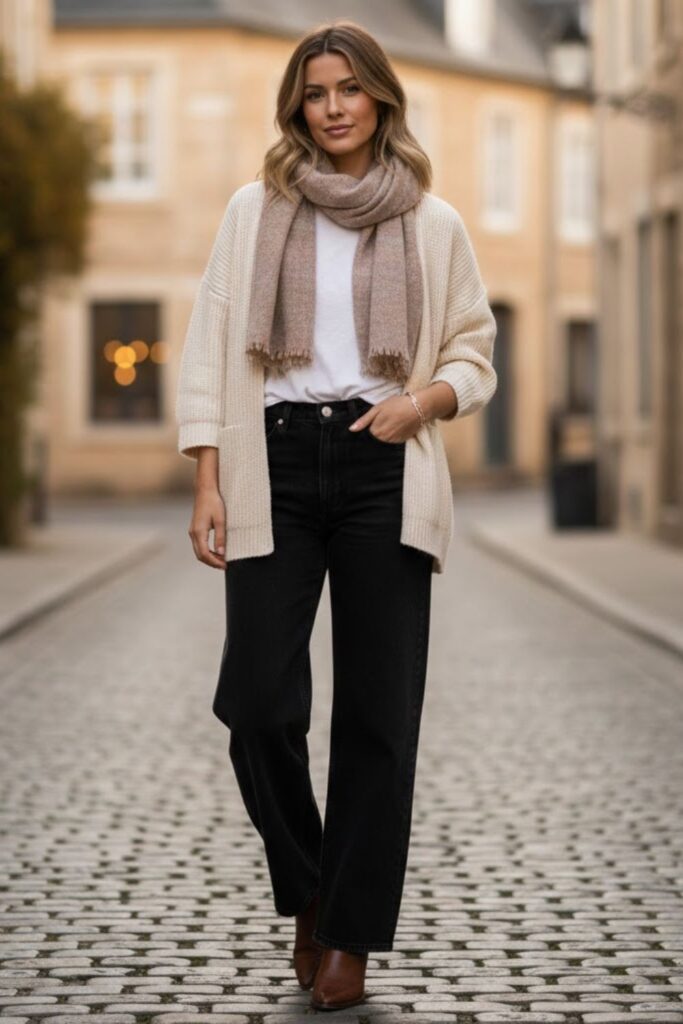 9. Black Wide Leg Jeans With Knit Cardigan and Tee