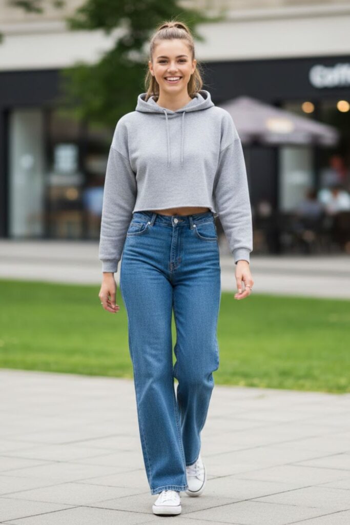 9. Blue Wide Leg Jeans With a Cropped Hoodie