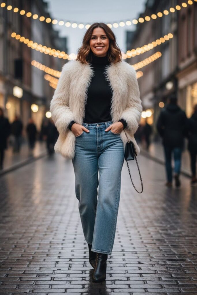9. Faux Fur Coat and Turtleneck