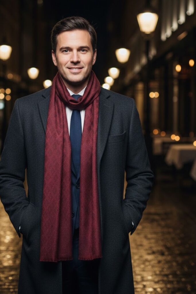 9. Long Coat and Draped Scarf Styling