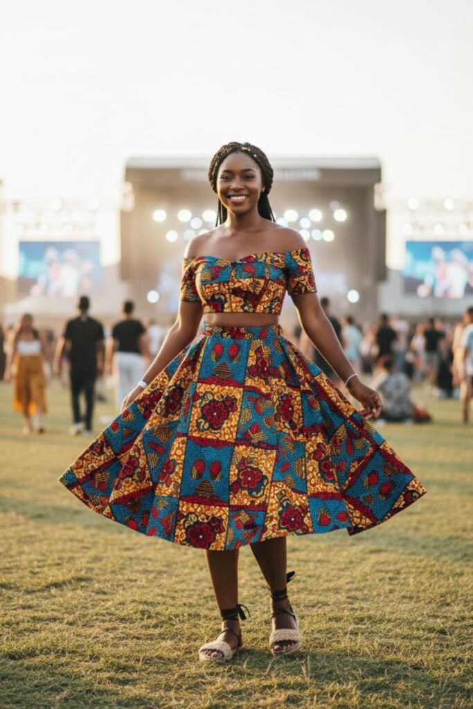 Ankara Set (Crop Top + Skirt) + Braided Crown + Espadrilles