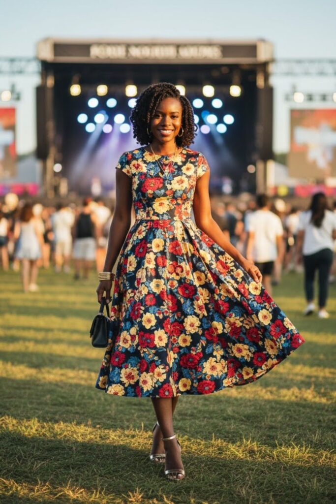 Fit-and-Flare Midi Dress + Strappy Heels + Afro Puff
