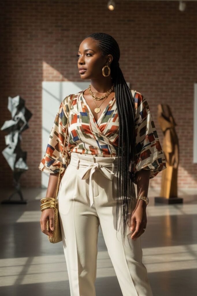 High-Waisted Trousers + Wrap Top + Box Braids
