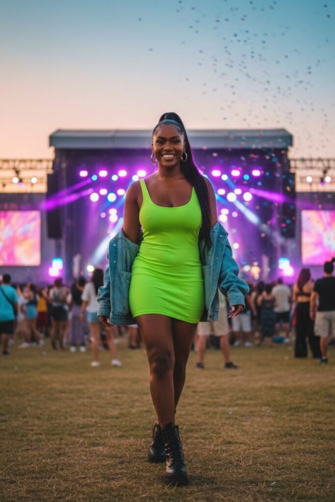 Neon Bodycon + Denim Jacket + Platform Sandals