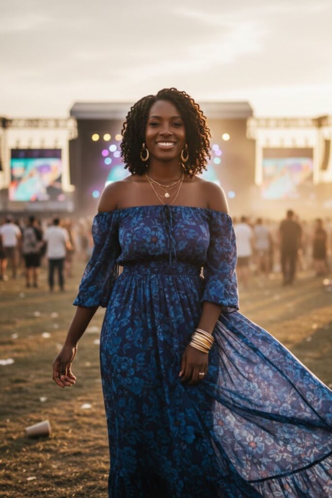 Off-the-Shoulder Maxi + Gold Hoops + Bangles