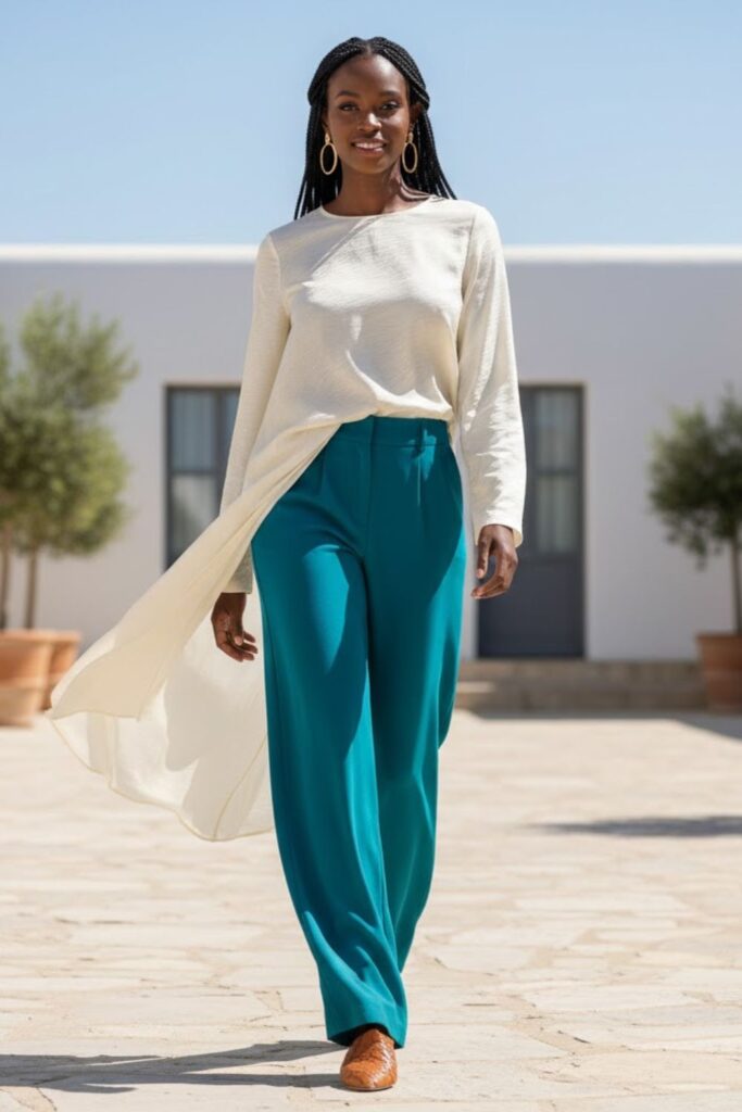 Palazzo Pants + Tunic Top + Heeled Mules
