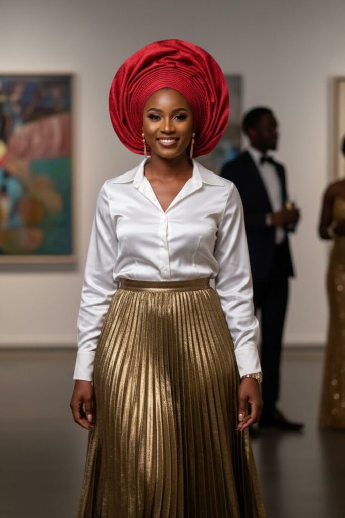 Pleated Midi Skirt + Blouse + Gele Headwrap
