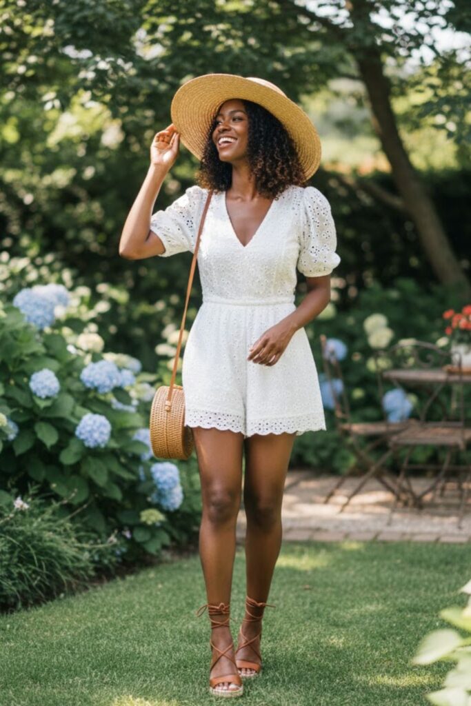 Romper + Ankle-Tie Sandals + Floppy Hat