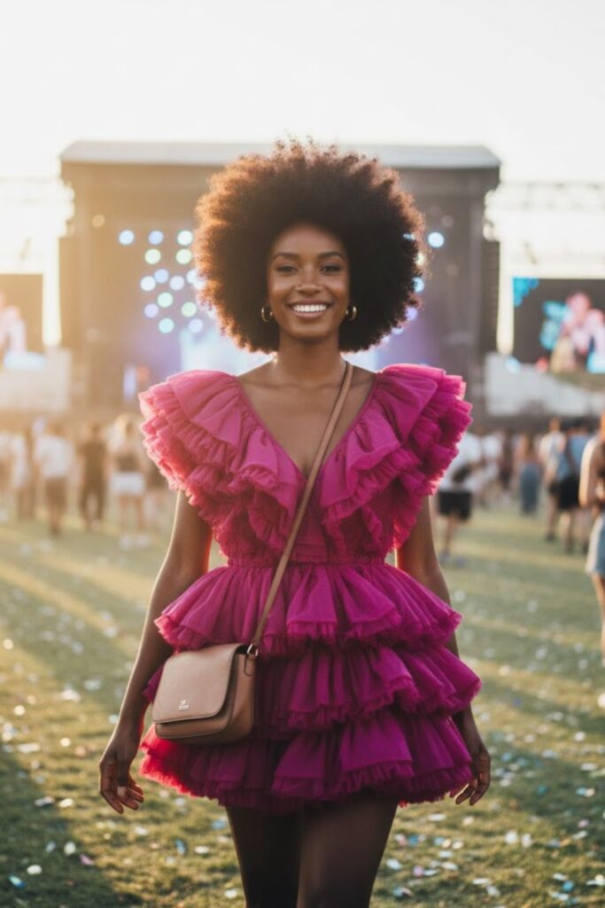 Ruffled Mini Dress + Afro or TWA + Crossbody Bag