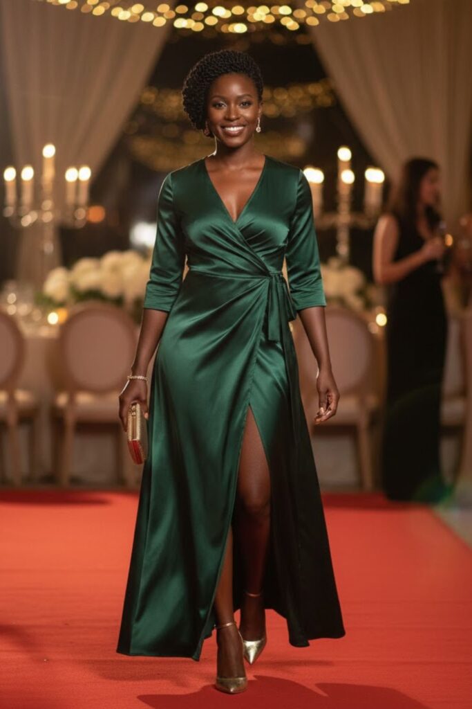 Silk Wrap Dress + Natural Twist-Updo + Kitten Heels