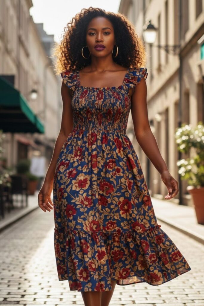 Smocked Dress + Bold Lipstick + Hoop Earrings