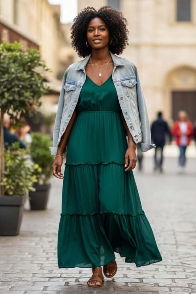 Tiered Maxi + Cropped Denim Jacket + Flat Sandals