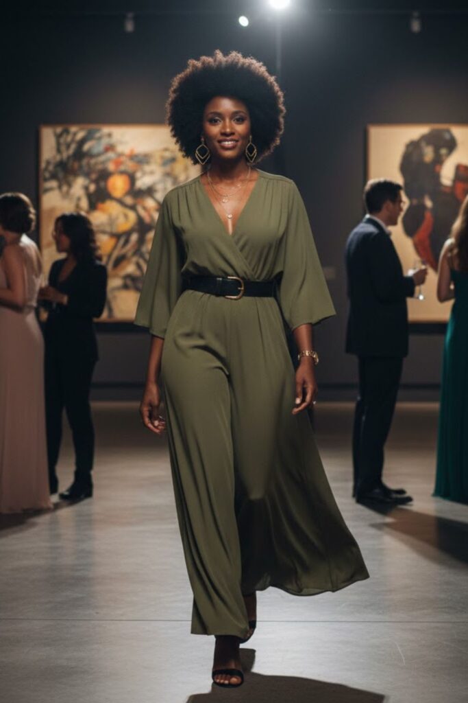 Wide-Leg Jumpsuit + Beaded Belt + Short Natural Hair