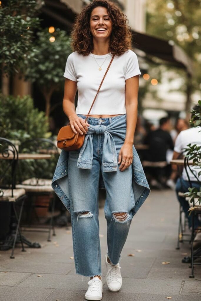 1. Baggy High-Waisted Jeans with Cropped T-Shirt