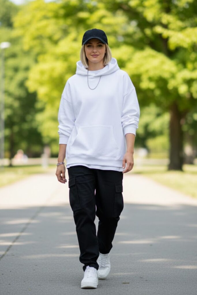 1. Black Cargo Pants With a White Oversized Hoodie